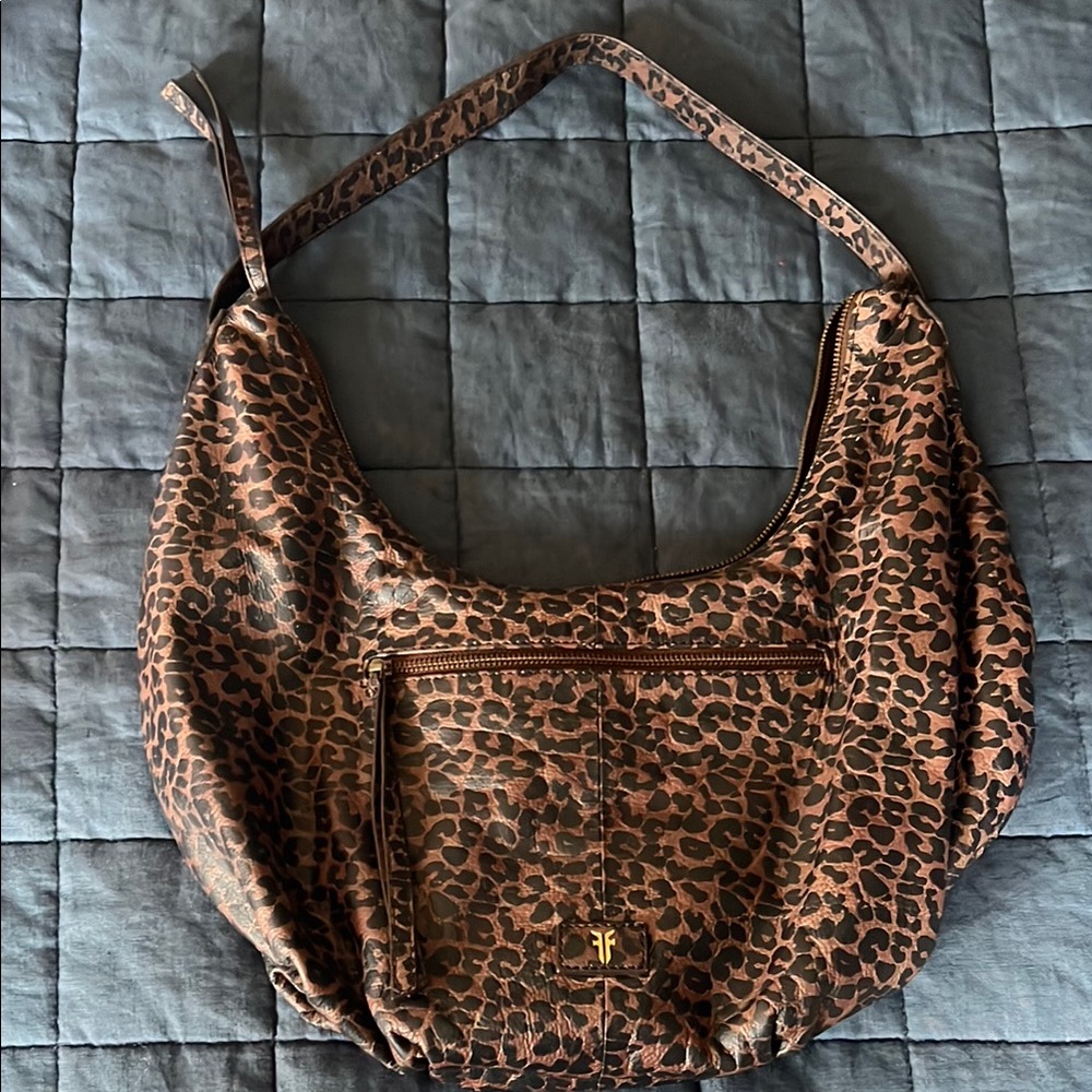 Brown and Black Crescent Hobo Bag with Animal Print
